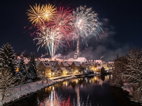 Colorful fireworks exploding over snow-covered historic village with timber-framed houses and church tower reflecting in river at night winter celebration