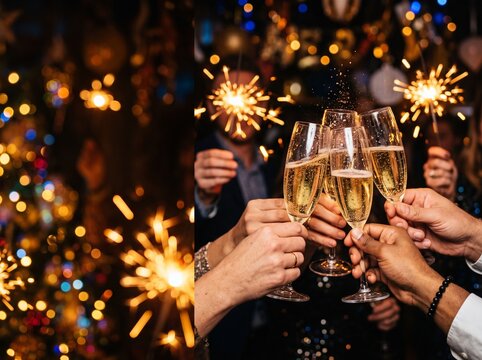 Indoor party scene with multiple hands holding champagne flutes clinking together amidst sparklers and bokeh lights celebration