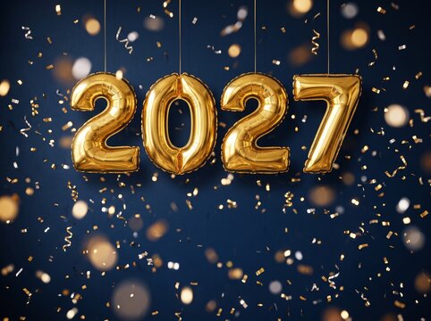 Gold foil balloons forming number 2027 against dark blue background with falling confetti, New Year celebration