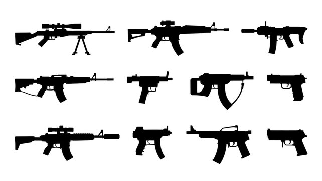 Set of 12 black silhouettes of various firearms rifles anpistols on white background