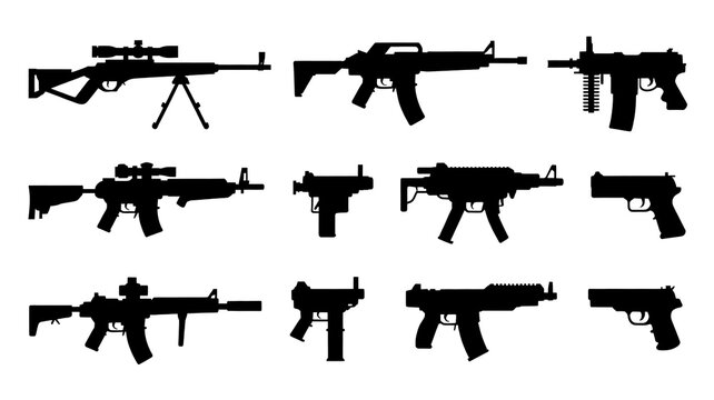 Set of 12 black silhouettes of various firearms rifles and pistols on white background
