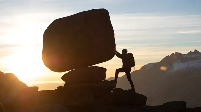 Hiker with backpack pushing huge boulder up mountain at sunset - Sisyphus perseverance concept