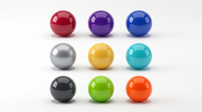 Set of colorful glossy spheres on white background, 3D rendered abstract shapes, collection of vibrant round objects for design and decoration