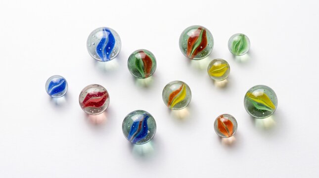 Assorted colorful glass marbles on a white background, collection of vintage toys for childhood play and games