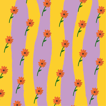 Hand painted orange flowers pattern on wavy yellow and purple stripes background