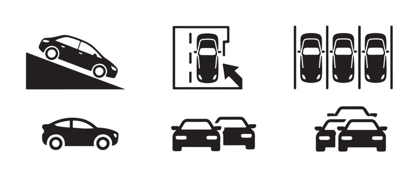 Car parking and driving illustrations showing various parking situations and roads.
