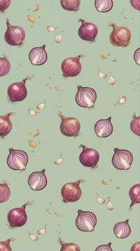 Pattern of Various Onions and Garlic Cloves, featuring wallpaper, food pattern, vegetables, culinary, healthy eating, cooking, natural ingredients, artistic design