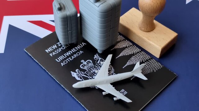 Two suitcases on a New Zealand money representing the concept of travel, emigration
