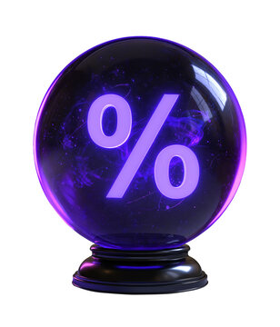 Glowing purple percentage sign inside a crystal ball on a stand