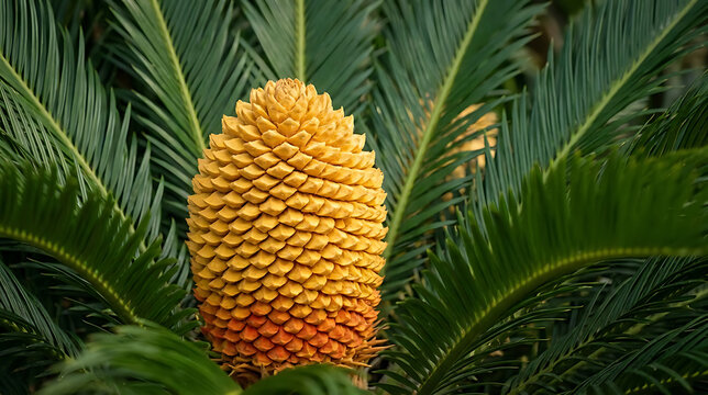 Close up of a vibrant golden cycad cone surrounded by lush green tropical foliage