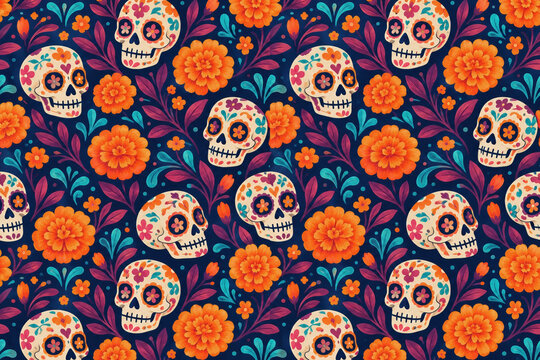 Decorative sugar skull and marigold pattern on a midnight blue background