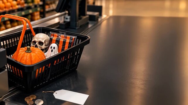 Halloween shopping basket at checkout, seasonal retail spending and budgeting concept with copy space