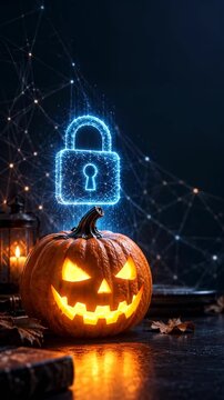 Glowing Halloween pumpkin under digital padlock, cybersecurity concept with copy space