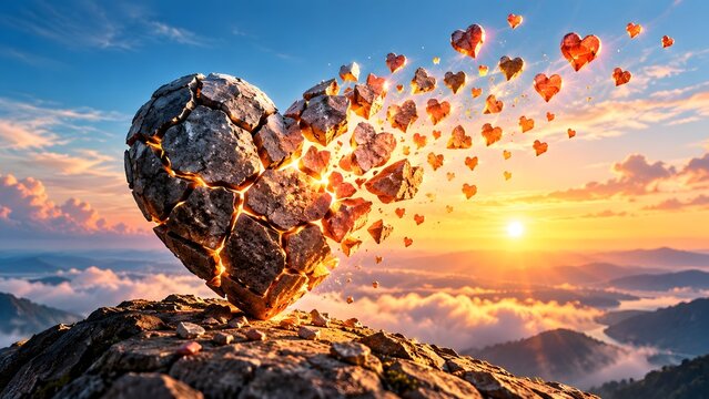 A large, cracked stone heart on a mountain peak at sunrise, breaking apart and dissolving into numerous small, glowing floating hearts, symbolizing heartbreak, healing, love, or emotional release.