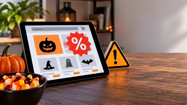 Halloween sale on tablet with warning alert, online shopping fraud concept with copy space