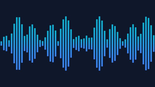 A digital audio waveform visualization with vertical bars of varying heights, transitioning from light blue to dark blue on a dark navy background