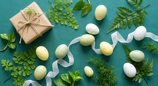 Festive easter celebration featuring beautifully speckled eggs a delightful gift box and vibrant lush green foliage on a teal backdrop