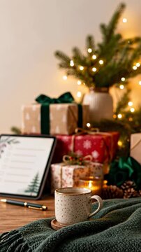 Christmas checklist on tablet beside gifts, holiday planning concept with copy space
