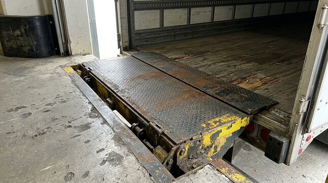 Loading dock leveler plate close up with trailer, warehouse logistics and freight loading