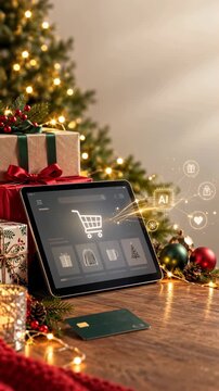 AI Christmas shopping on tablet beside gifts, smart e-commerce concept with copy space
