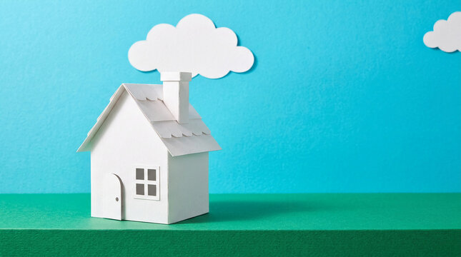 White paper house and cloud on a blue textured background and green surface, symbolizing real estate, homeownership, and dreams
