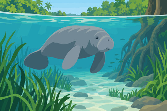 Gentle Manatee Swimming in Clear Tropical Waters Amidst Aquatic Plants.