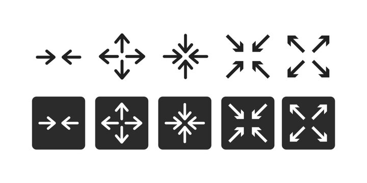 Directional arrows, black and white vector graphic with inward and outward movement symbols for interface design