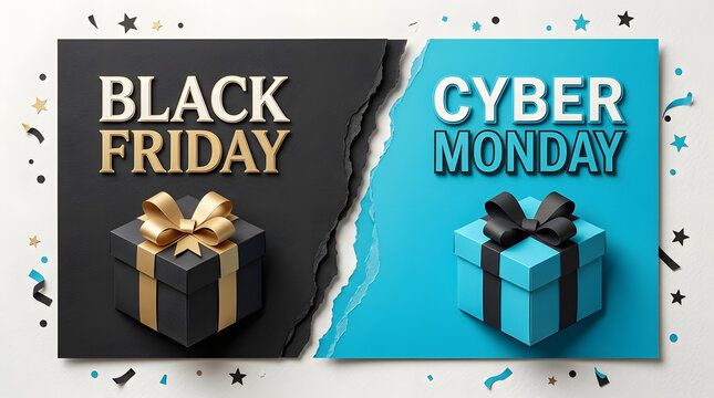 Black friday and cyber monday shopping event background featuring split gift boxes box holiday sale