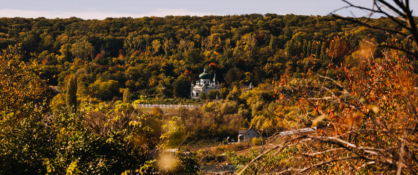 white church with green domes nestled in dense autumn forest on hillside, framed by foreground branches and