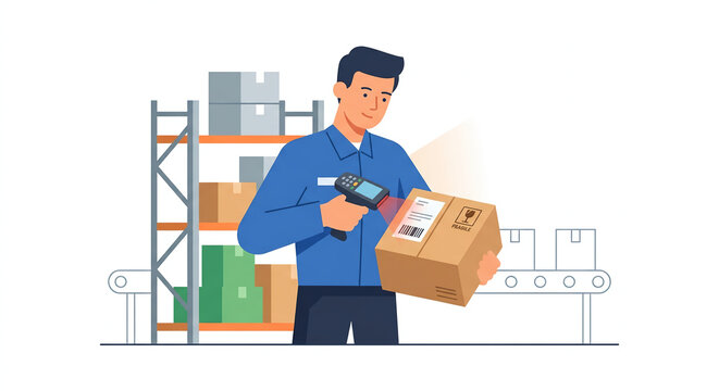 Warehouse worker scanning barcode on cardboard box for inventory
