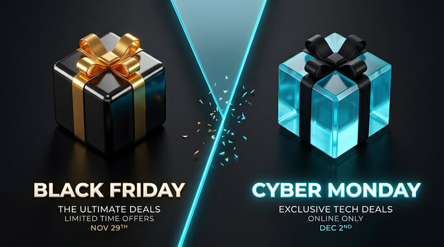 Gift boxes with neon light accents for black friday and cyber monday promotion box e commerce