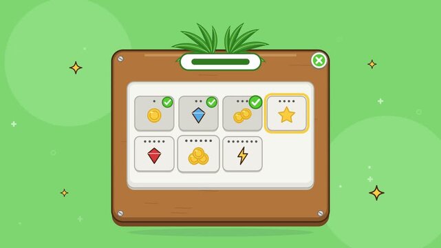 2D animation of a casual mobile game reward screen showing items like coins, gems, and energy appearing on a wooden board with celebratory confetti