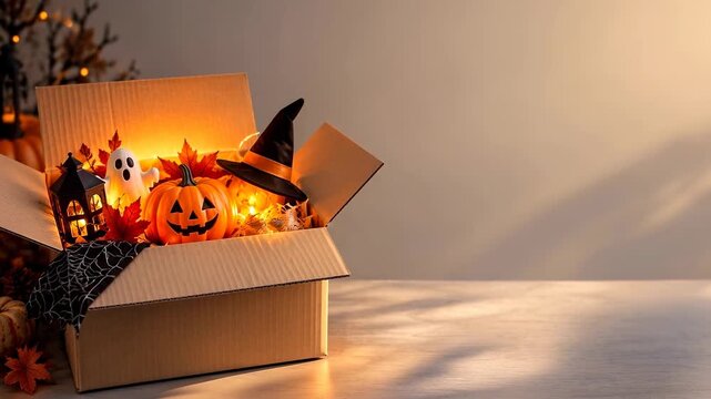 Open Halloween parcel filled with festive decorations, seasonal delivery concept with copy space