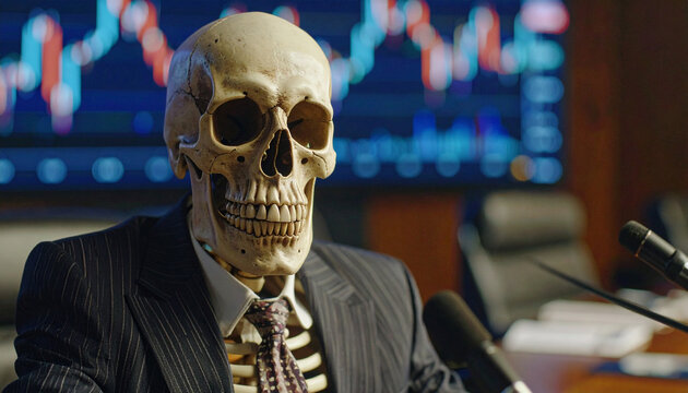 The Grim Reaper of Finance: A skeletal figure, adorned in a pinstripe suit and tie, sits at a conference table, its vacant eye sockets staring ahead. Behind it.