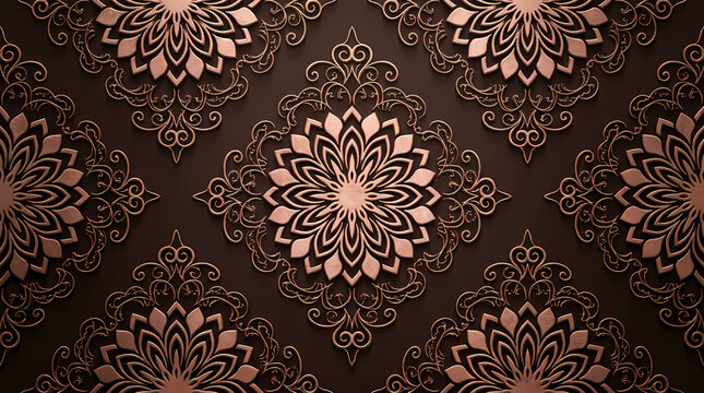 A repeating pattern of ornate rose gold mandala designs on a dark brown background.