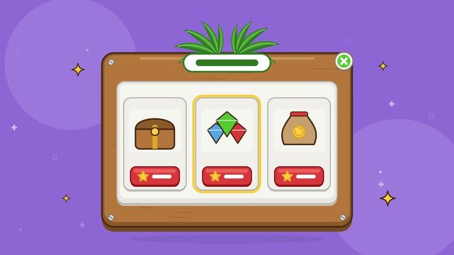 2D vector animation of a casual mobile game shop user interface featuring treasure chests, colorful gems, and coin bags on a wooden board with falling gold coins.