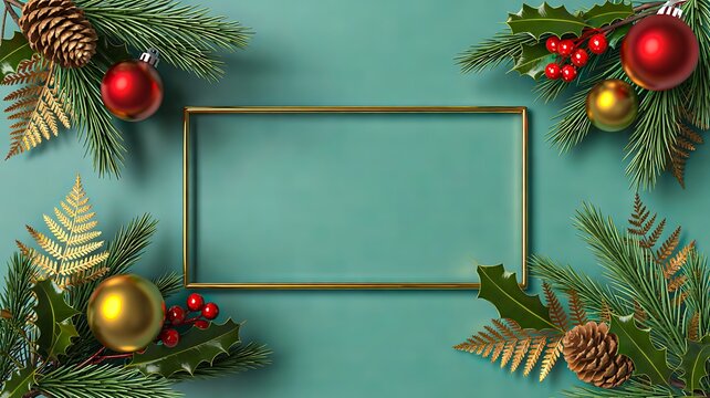 Christmas greenery frame with red berries, gold ornaments and evergreen branches on teal background
