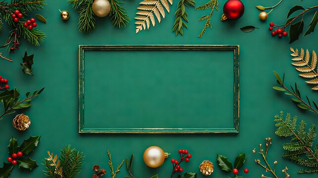 Festive christmas frame with evergreen branches, red berries and gold ornaments on teal background