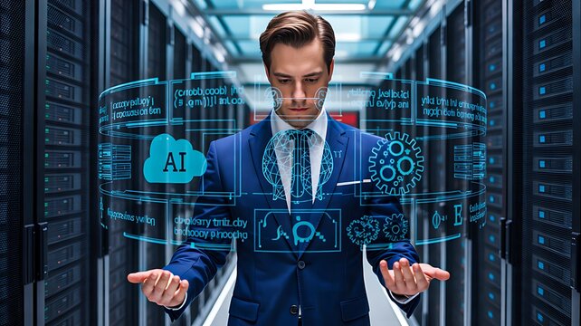 Business professional using artificial intelligence holograms in a modern data center