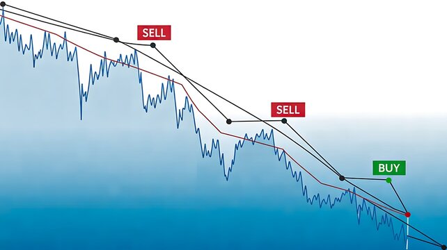 Financial trading chart showing falling market prices with sell and buy signals and descending trendlines