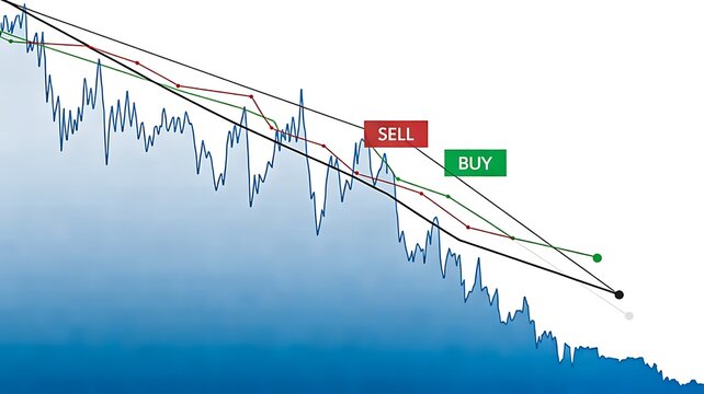 Stock market downtrend chart with falling prices, descending trendlines and buy sell trading signals
