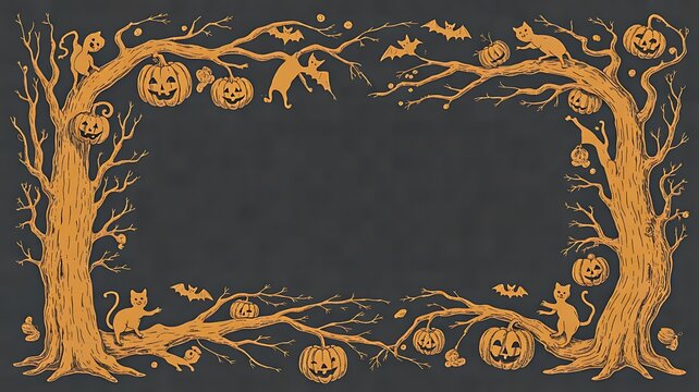 Halloween decorative frame with golden branches, carved pumpkins and spooky ornamental details