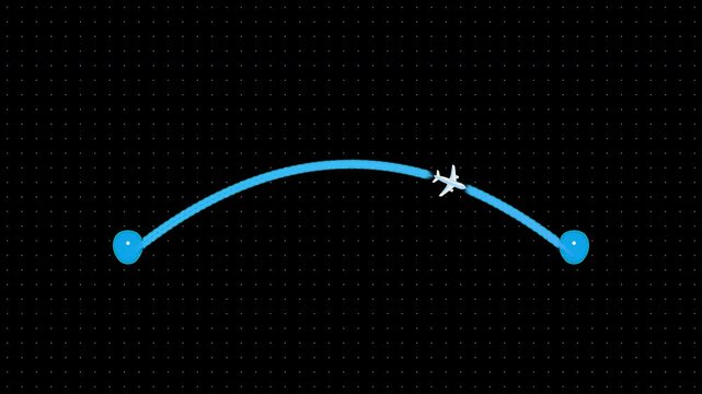 Airplane flying along a curved flight path connecting two pinpoints isolated on transparent background