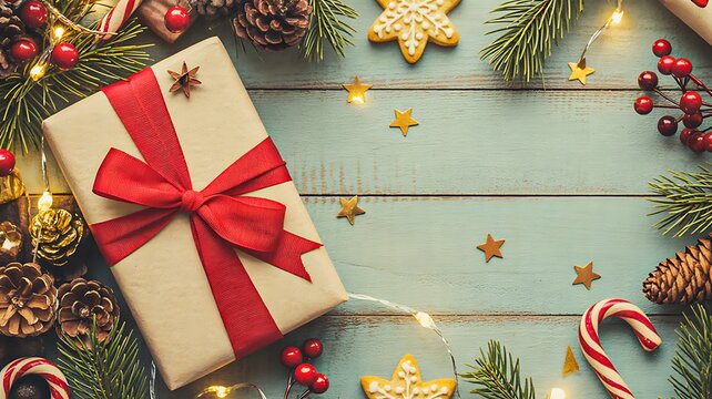 Christmas gift wrapped with red ribbon surrounded by golden stars, candy canes and festive greenery