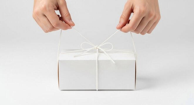 Hands expertly tying white string around a clean, closed gift box, preparing for delivery or celebration.