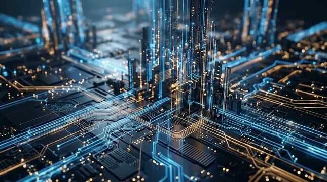 Futuristic digital city with glowing data pathways