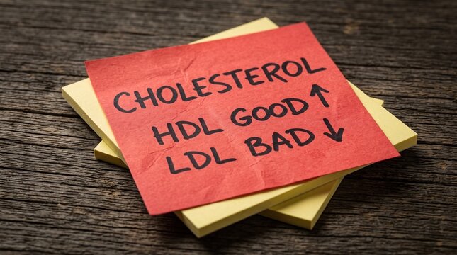 Cholesterol management concept on red paper note, HDL good and LDL bad levels reminder, medical health awareness note on rustic wood