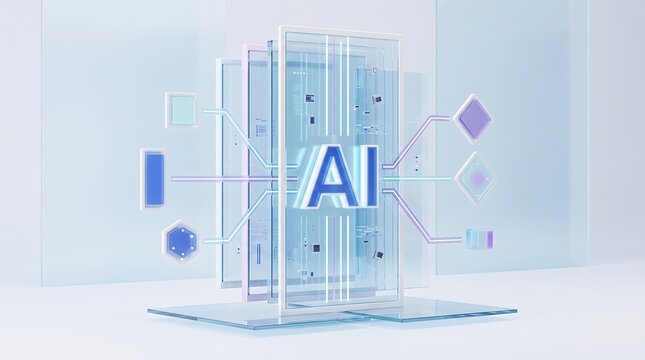 Floating transparent glass panels with integrated circuitry and abstract data nodes symbolizing modular artificial intelligence architecture and scalable machine learning software systems
