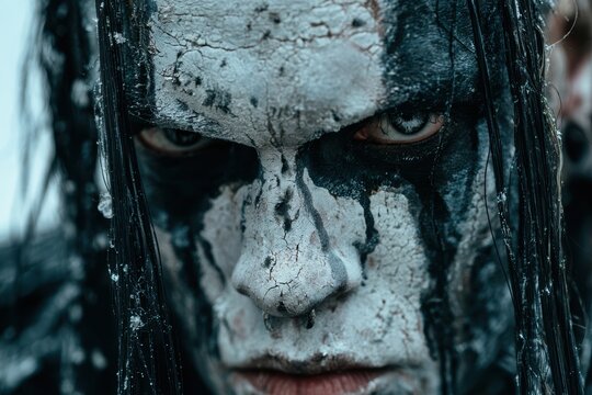 Musician with white and black corpse paint staring intensely