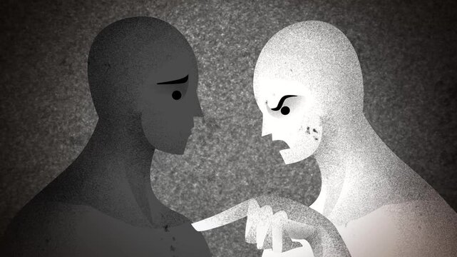 white male silhouette discriminating against black male silhouette representing racial prejudice and social inequality